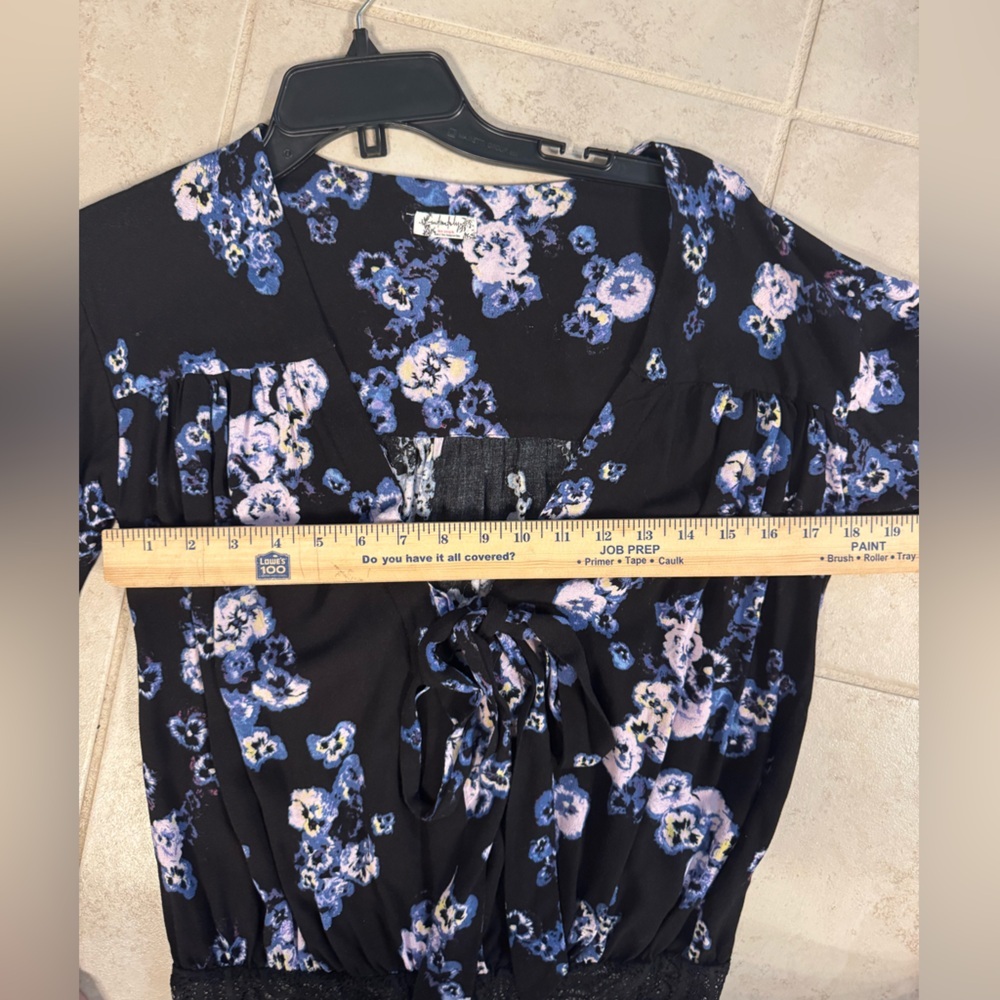 Free People Black Blue Floral V-Neck Tie Long Sleeve Bodysuit‎ Womens, Small - Picture 14 of 16
